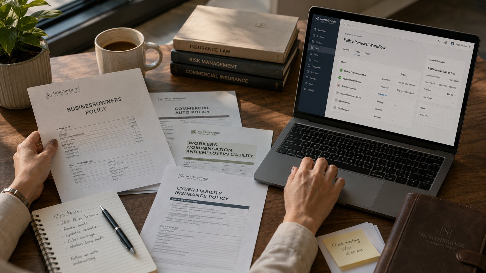 Insurance broker reviewing submission documents alongside a policy management interface on a laptop.